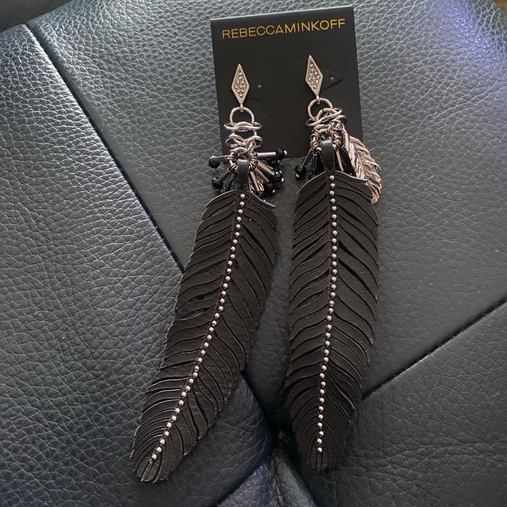 Rebecca Minkoff Leather Feather Earrings Black Feather and Crystals - Picture 3 of 6
